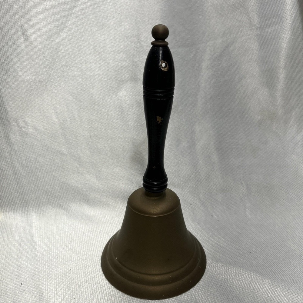 Vintage Large Brass Hand Bell Loud School Church Desk Wood Handle 10 inches .